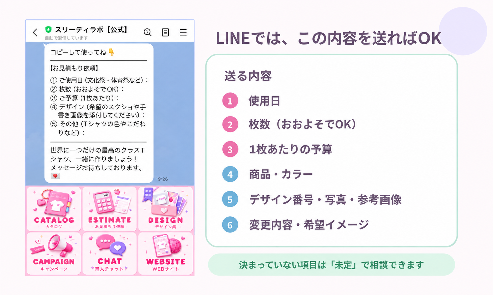 3TLABへLINE相談するときに送る使用日、枚数、予算、商品、デザイン番号または写真や参考画像、希望内容